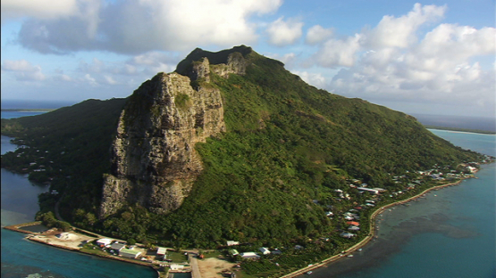 Maupiti, Leeward islands, aerial view of the mountain and village