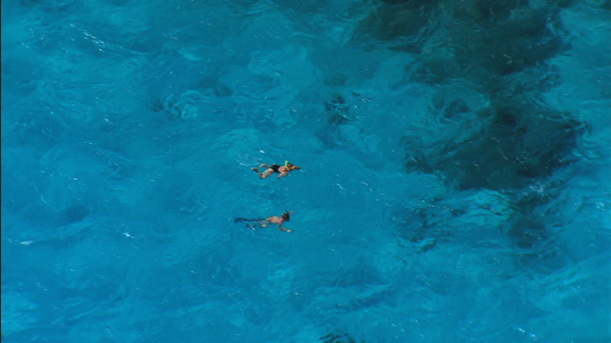 Maupiti, Leeward islands, aerial view of a couple of people snorkeling in the lagoon