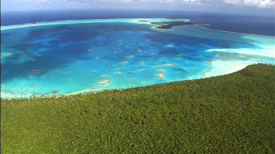 Aerial view of the lagoon and islets of the atoll Tetiaroa, Windward islands