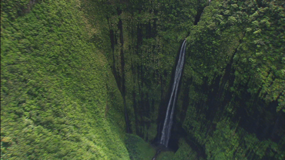Tahiti, aerial view of the waterfall in the valley, windward islands