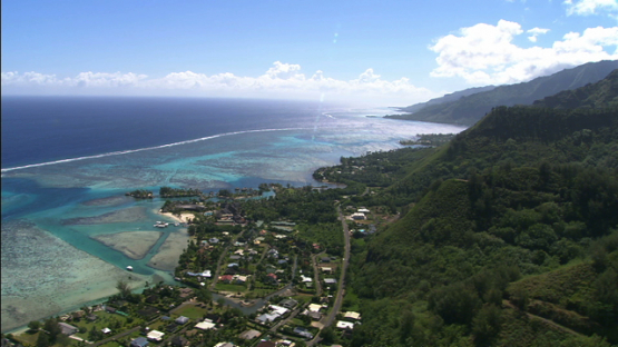 Aerial view of the lagoon of Moorea and mountains,  leeward islands