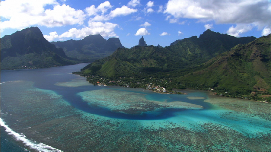 Aerial view of the lagoon of Moorea and mountains,  windward islands