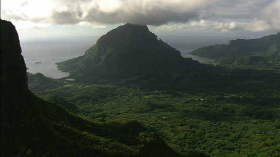 Moorea, aerial view of the mount Rotui, and the two bays, windward islands