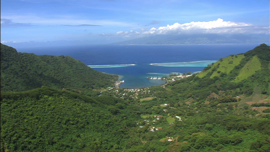 Aerial view of Moorea, Vaiare bay and Tahiti, windward islands