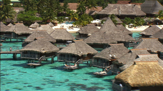 Aerial view of overwater bungalows, luxury hotel of Moorea, windward islands