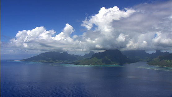 Moorea aerial view from over the ocean, north coast, windward islands