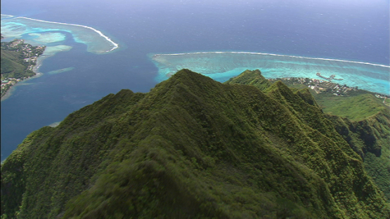 Moorea aerial view, over the peak of the mount Rotui, windward islands