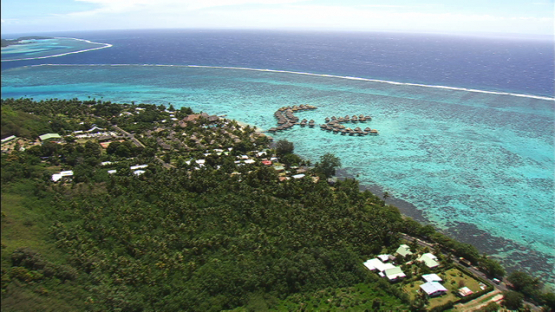 Moorea aerial view, luxury hotel and overwater bungalows in the lagoon, windward islands