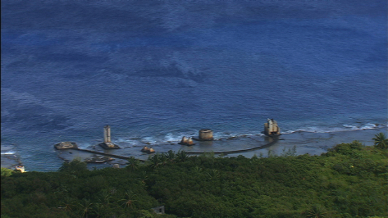 Aerial view of the old pier of Makatea by the sea, Tuamotu islands