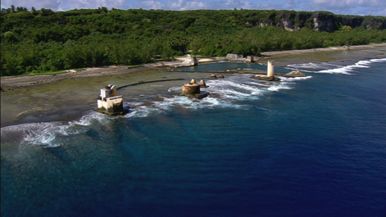 Aerial view of remains of old pier of Makatea by the sea, Tuamotu islands