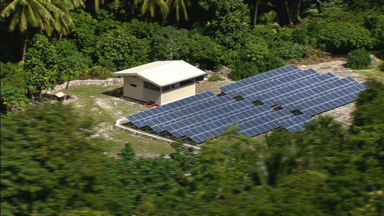Makatea, aerial view of solar panels of electricity station, Tuamotu islands