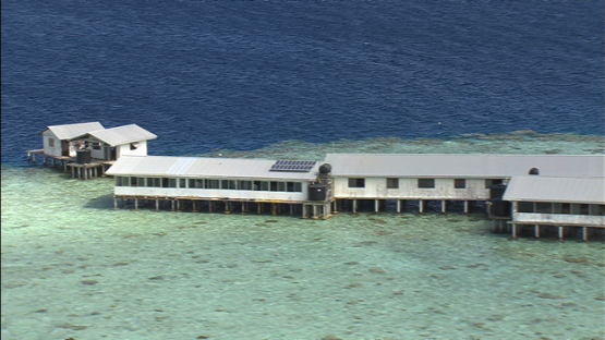 Ahe, aerial view of a large pearl farm in the lagoon, Tuamotu archipelago