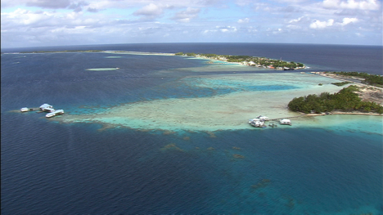 Manihi, aerial view of pearl farm and the village Turipaoa, Tuamotu archipelago