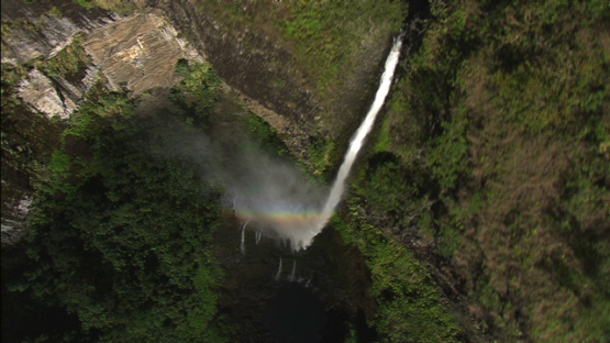Tahiti, Vertical aerial view of Fataua waterfall in the valley, windward islands