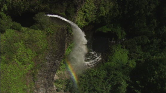 Tahiti, aerial and vertical view of Fataua waterfall in the valley, windward islands
