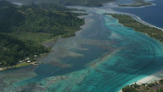 Aerial view of Huahine, Leeward islands, above the lagoon, 4K UHD