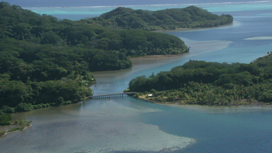 Aerial view of Huahine, Leeward islands, bridge between islands, 4K UHD