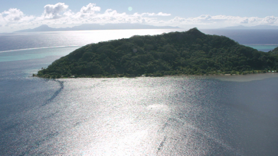 Aerial view of Huahine, Leeward islands, over the lagoon, 4K UHD