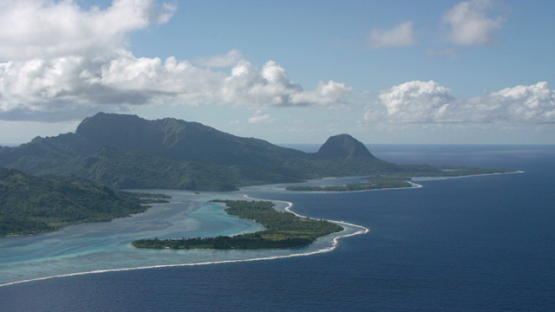 Aerial view of Huahine, Leeward islands, above the lagoon, 4K UHD