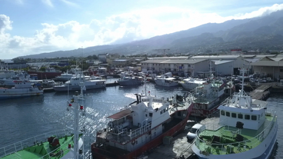 Tahiti, fishing boats in the harbour of Papeete, aerial drone video