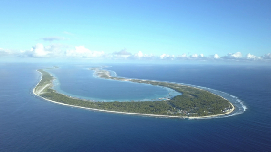 Reao, aerial drone video of the island and ocean, Tuamotu, french Polynesia, 4K UHD
