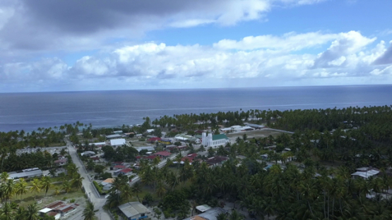 Reao, aerial view by drone of the village, tuamotu, polynesia,  4K UHD