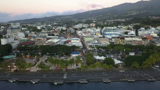 Tahiti, aerial drone video of Place Vaiete and roulottes, Polynesia
