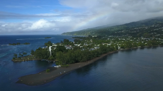 Tahiti, Pointe Venus, aerial drone video of the lighthouse and lagoon, Polynesia