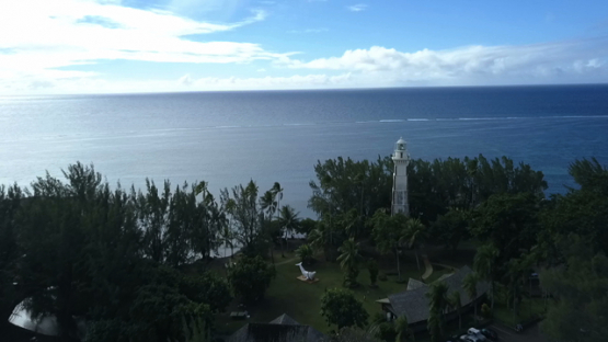 Tahiti, Pointe Venus, aerial drone video of the lighthouse and ocean, Polynesia