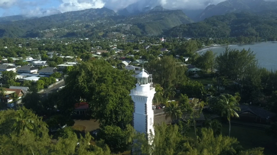 Aerial video by drone of the lighthouse of Pointe Venus, Tahiti, Polynesia