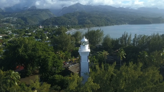 Aerial video by drone of the lighthouse of Pointe Venus, Tahiti, Polynesia
