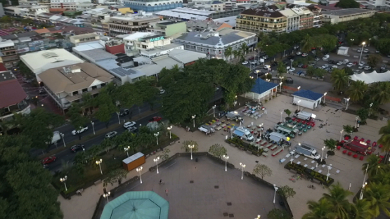 Aerial video by drone of place Vaiete and foodtrucks in Papeete, Tahiti, Polynesia