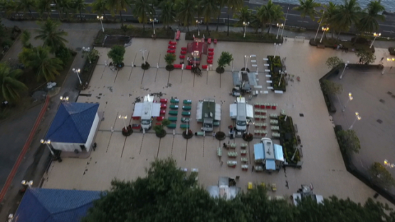 Aerial video by drone of place Vaiete and foodtrucks in Papeete, Tahiti, Polynesia