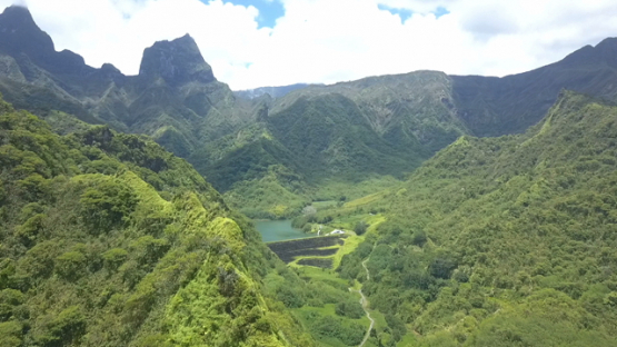Aerial drone video of the mountain and lake of Tahiti, Polynesia
