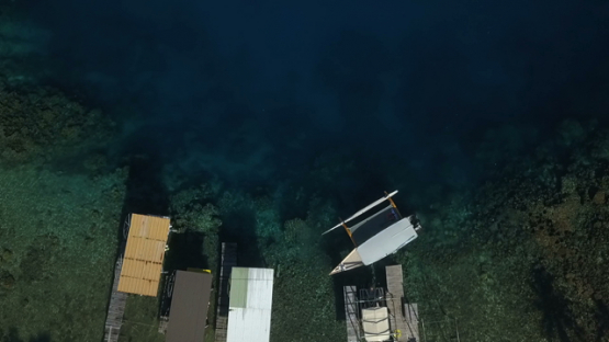 Bora Bora, aerial drone video above an outrigger boat in the lagoon, leeward islands, Polynesia