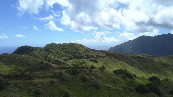 Fatu Hiva, aerial drone video of the road in the mountain, marquesas islands, Polynesia 4K UHD
