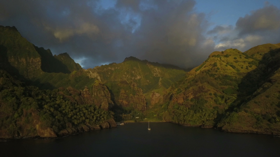 Fatu Hiva, Sunset in the bay of Hanavave, aerial drone video, marquesas islands, polynesia 4K UHD