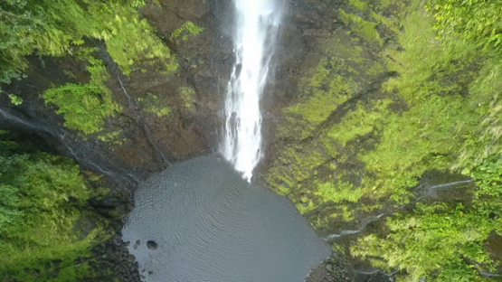 Tahiti, Aerial drone shot of waterfall, descending