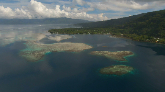 Tahiti, aerial drone view of the coast and lagoon, Vairao