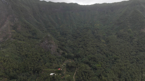 Hiva Oa aerial drone view, marae of Puamau and mountains, Marquesas islands, 2K7