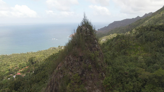 Hiva Oa aerial drone view, mountains and oceanic coast of Puamau, Marquesas islands, 2K7