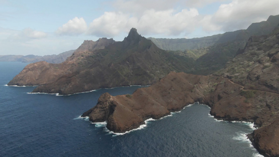 Hiva Oa aerial drone view, of Puamau and oceanic coast, Marquesas islands, 2K7