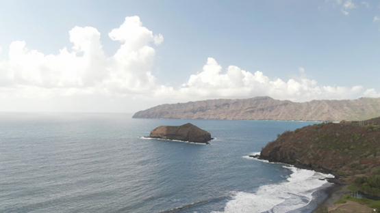Hiva Oa, aerial drone view of Atuona, and Hanake rockislands, Polynesia, 2K7