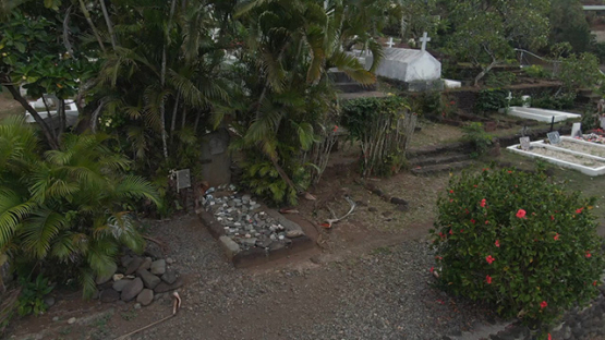 Hiva Oa, aerial drone view of the cimetery of Atuona, Marquesas islands, Polynesia, 2K7