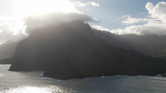 Hiva Oa, aerial drone view of mountain in the bay of Atuona, Marquesas islands, Polynesia, 2K7