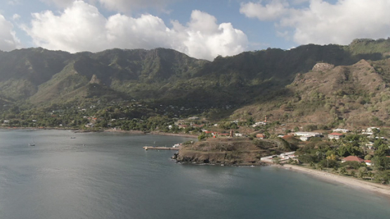 Aerial drone view of Nuku Hiva, bay of Taiohae, Marquesas islands, 2K7