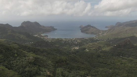 Aerial drone view of the baie of Taiohae, Nuku Hiva, marquesas islands, Polynesia 2K7
