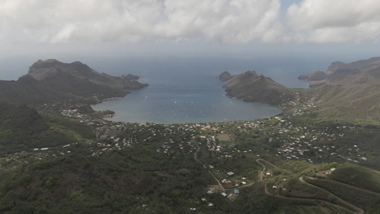 Aerial drone view of the baie of Taiohae, Nuku Hiva, marquesas islands, Polynesia 2K7