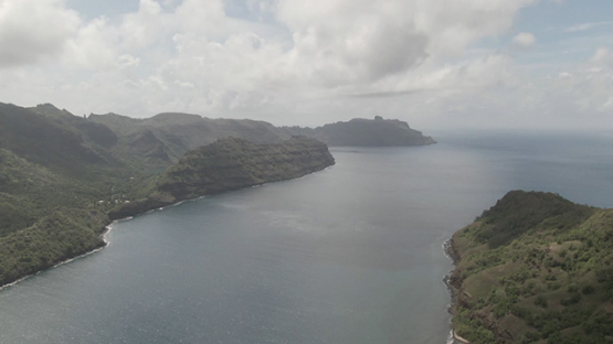Aerial drone view of bay of Taipivai, Nuku Hiva, marquesas islands, Polynesia 2K7