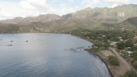 Aerial drone video of Nuku Hiva, bay of Taiohae, marquesas islands, 2K7